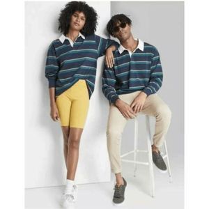 Wild Fable Unisex  Size M Long Sleeve Oversized Rugby Polo T-Shirt Navy Striped